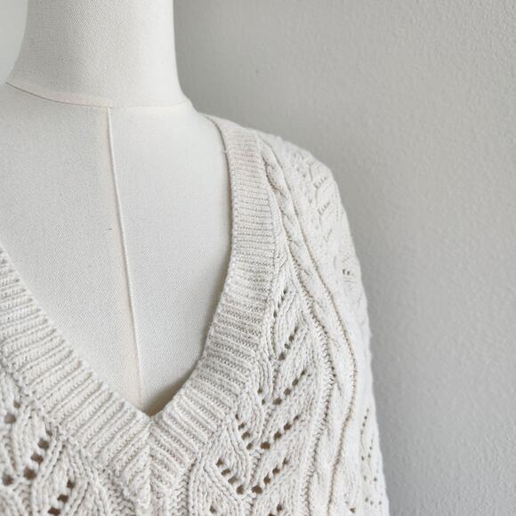 Vintage 90s GAP White Cable Knit Ramie Cotton V-Neck Sweater Pullover M - Picture 3 of 9